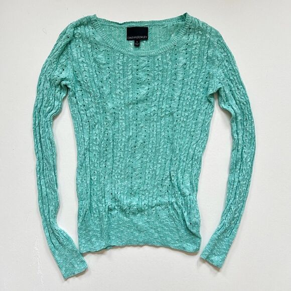 CYNTHIA ROWLEY Women Turquoise Loose Knit Linen Blend Crew Neck Sweater Size S - Picture 1 of 8